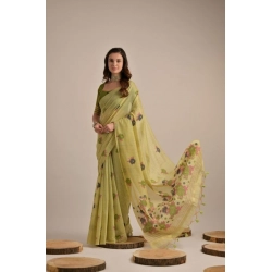 Generic Women's Blended_Cotton Floral Motifs And Woven Buttas Saree With Unstitched Blouse 5.5Mtr (Light_Green)