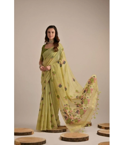 Generic Women's Blended_Cotton Floral Motifs And Woven Buttas Saree With Unstitched Blouse 5.5Mtr (Light_Green)