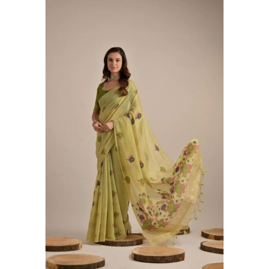 Generic Women's Blended_Cotton Floral Motifs And Woven Buttas Saree With Unstitched Blouse 5.5Mtr (Light_Green) Generic Women's Blended_Cotton Floral Motifs And Woven Buttas Saree With Unstitched Blouse 5.5Mtr (Light_Green)