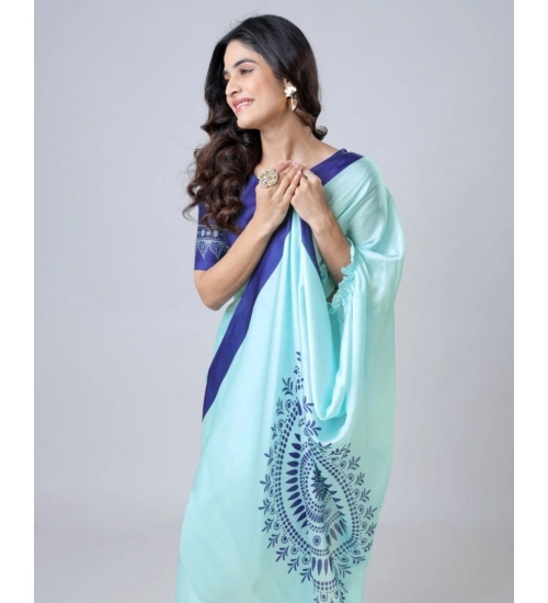 Generic Women's Soft Crepe Silk Printed Ready To Wear Saree With Unstitched Blouse 5.5Mtr (Turquoise)
