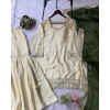 Generic Women's Silk Embroidered 3/4th Sleeve V-Neck Kurti With Sharara Pant and Dupatta Set (Cream &amp; Green)
