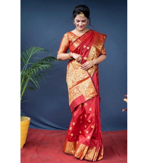 Generic Women's Soft Litchi Silk Jacquard Work Saree With Unstitched Blouse 5.5Mtr (Red)