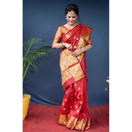 Generic Women's Soft Litchi Silk Jacquard Work Saree With Unstitched Blouse 5.5Mtr (Red)