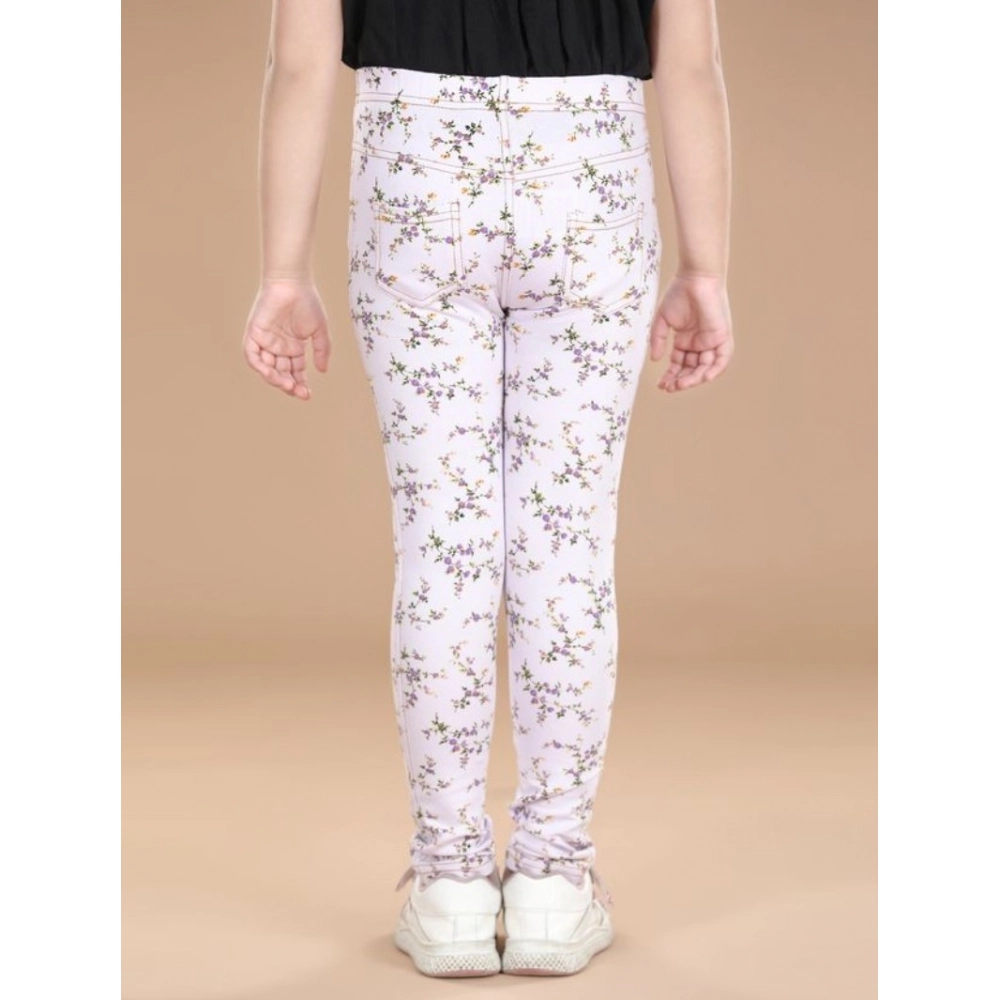 Generic Girl's Cotton Lycra Floral Elasticated Jeggings (Multicolor)