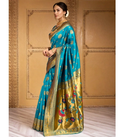 Generic Women's Silk Blend Paithani Saree With Unstitched Blouse 5.5Mtr (Rama)