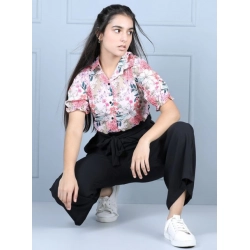 Generic Girl's Polyester Floral Short Sleeves Jumpsuit (White-Black)