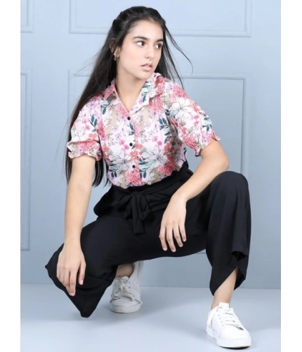 Generic Girl's Polyester Floral Short Sleeves Jumpsuit (White-Black)