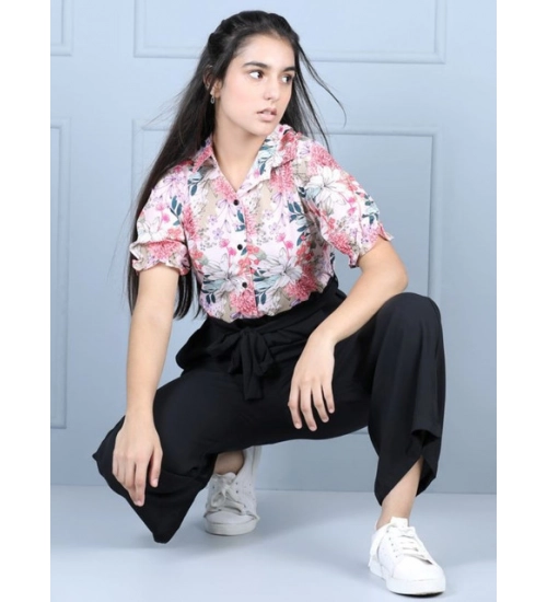 Generic Girl's Polyester Floral Short Sleeves Jumpsuit (White-Black)