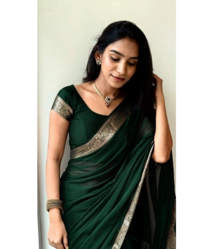 Generic Women's Vichitra Silk Printed Saree With Unstitched Blouse 5.5Mtr (Green)