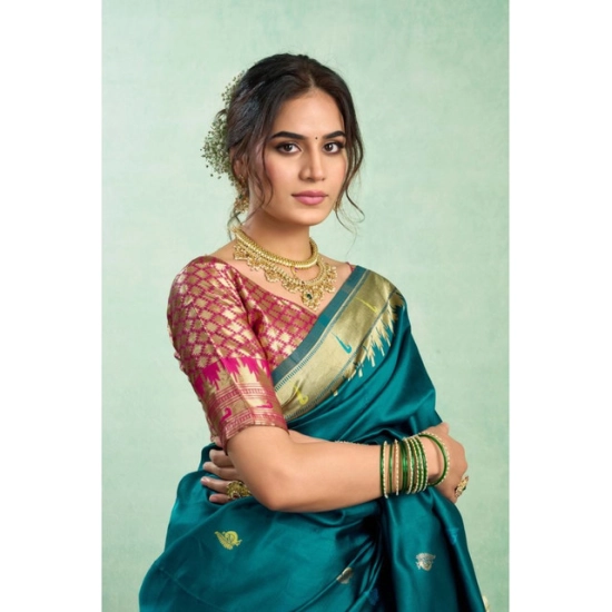 Generic Women's Silk Blend Woven Saree With Unstitched Blouse 5.5 Mtr (Teal)