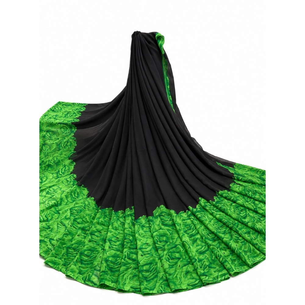 Generic Women's Georgette Printed Saree With Unstitched Blouse 5.5Mtr (Black-Green)