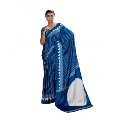 Generic Women's Satin Crepe Printed Saree With Unstitched Blouse 5.5Mtr (Blue)