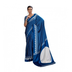 Generic Women's Satin Crepe Printed Saree With Unstitched Blouse 5.5Mtr (Blue)
