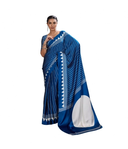 Generic Women's Satin Crepe Printed Saree With Unstitched Blouse 5.5Mtr (Blue)