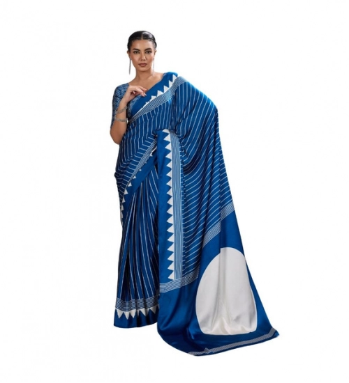Generic Women's Satin Crepe Printed Saree With Unstitched Blouse 5.5Mtr (Blue)