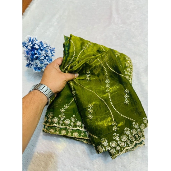 Generic Women's Slik Embellished Saree With Unstitched Blouse 5.5Mtr (Mehendi-Green)
