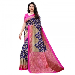 Generic Women's Litchi silk Printed Saree With Unstitched Blouse  5-6 Mtrs (Blue)