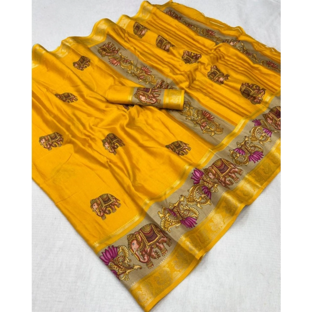 Generic Women's Dola Silk Printed Saree With Unstitched Blouse 5.5Mtr (Yellow)