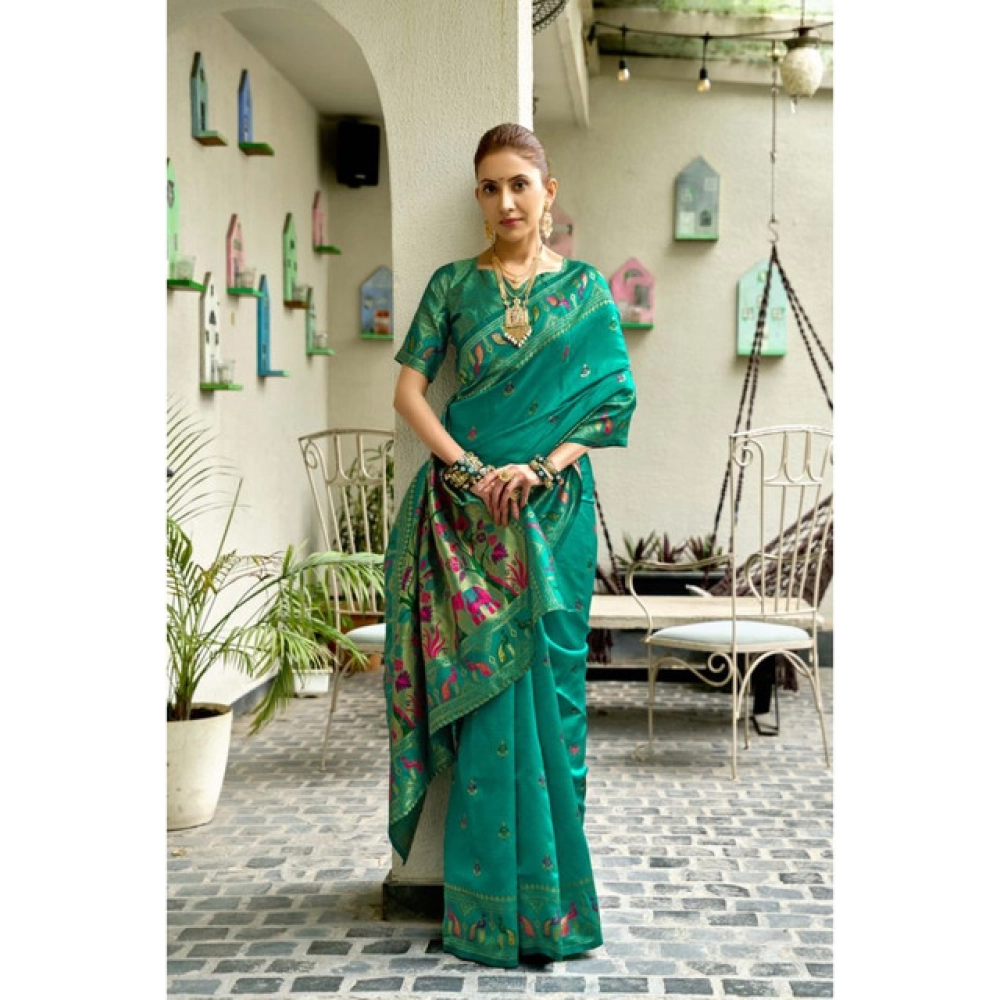 Generic Women's Silk Blend Woven Saree With Unstitched Blouse 5.5 Mtr (Green)