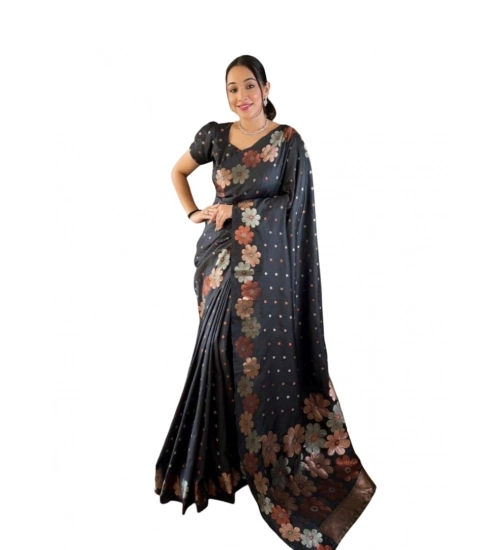 Generic Women's Soft Litchi Silk Jacquard Work Saree With Unstitched Blouse 5.5Mtr (Black)