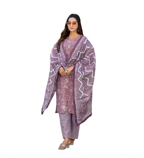 Generic Women's Cotton Blend Printed Kurti With Pant Dupatta Set (Lavender)