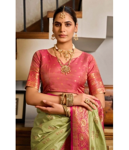 Generic Women's Silk Blend Booti Work Ready to wear Saree With Unstitched Blouse 5.5Mtr (Green)