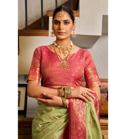 Generic Women's Silk Blend Booti Work Ready to wear Saree With Unstitched Blouse 5.5Mtr (Green)