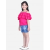 Generic Girl's Rayon Solid Cold Shoulder Top with Shorts (Pink-Blue)