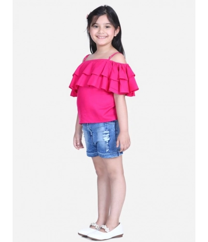 Generic Girl's Rayon Solid Cold Shoulder Top with Shorts (Pink-Blue)