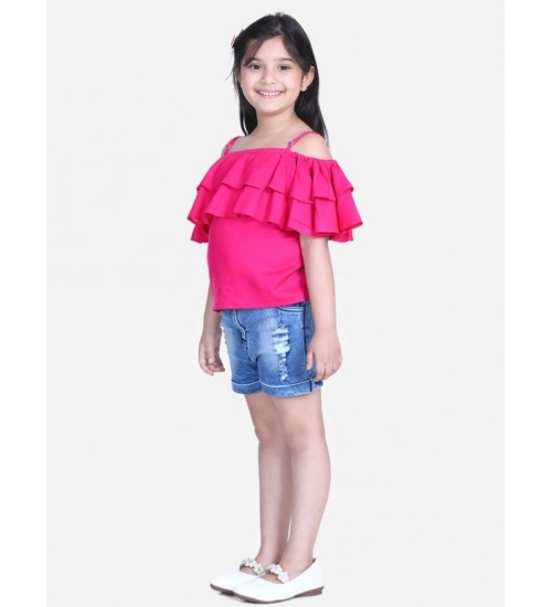 Generic Girl's Rayon Solid Cold Shoulder Top with Shorts (Pink-Blue) Generic Girl's Rayon Solid Cold Shoulder Top with Shorts (Pink-Blue)