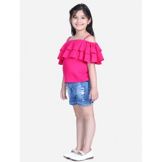 Generic Girl's Rayon Solid Cold Shoulder Top with Shorts (Pink-Blue)