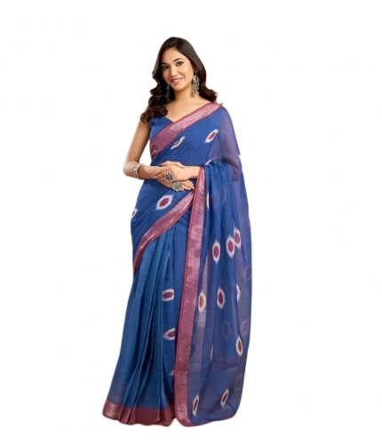 Generic Women's Faux Linen Printed Ready to wear Saree With Unstitched Blouse 5.5Mtr (Blue)