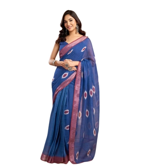 Generic Women's Faux Linen Printed Ready to wear Saree With Unstitched Blouse 5.5Mtr (Blue)