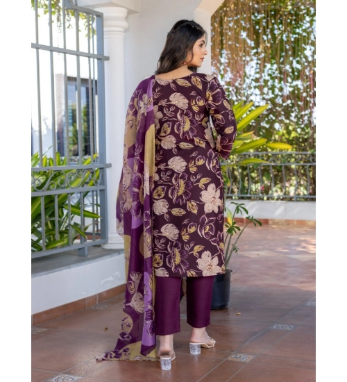 Generic Women's Cotton Blend Printed Kurti With Pant Dupatta Set (Purple)