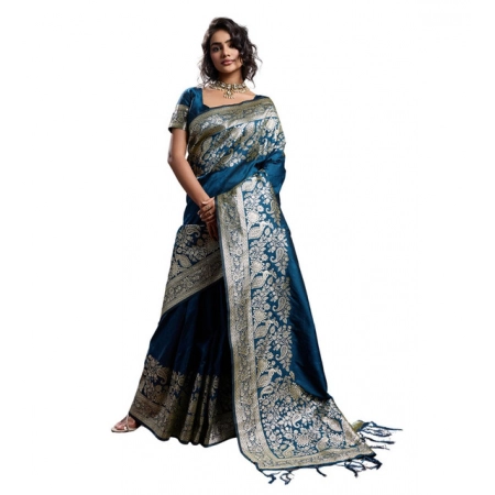 Generic Women's Silk Blend Printed Saree With Unstitched Blouse 5.5Mtr (Navy Blue)