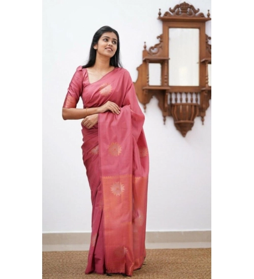 Generic Women's Litchi silk Printed Saree With Unstitched Blouse (Peach)