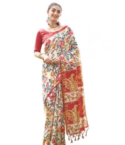 Generic Women's Faux_Tussar Kalamkari_Print Saree With Unstitched Blouse 5.5Mtr (Red)