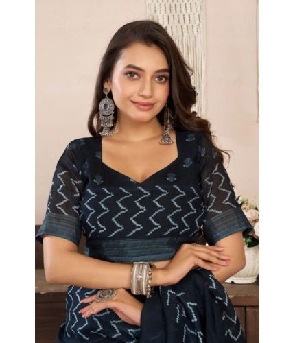 Generic Women's Faux Linen Geometric Print Ready to wear Saree With Unstitched Blouse 5.5Mtr (Black)