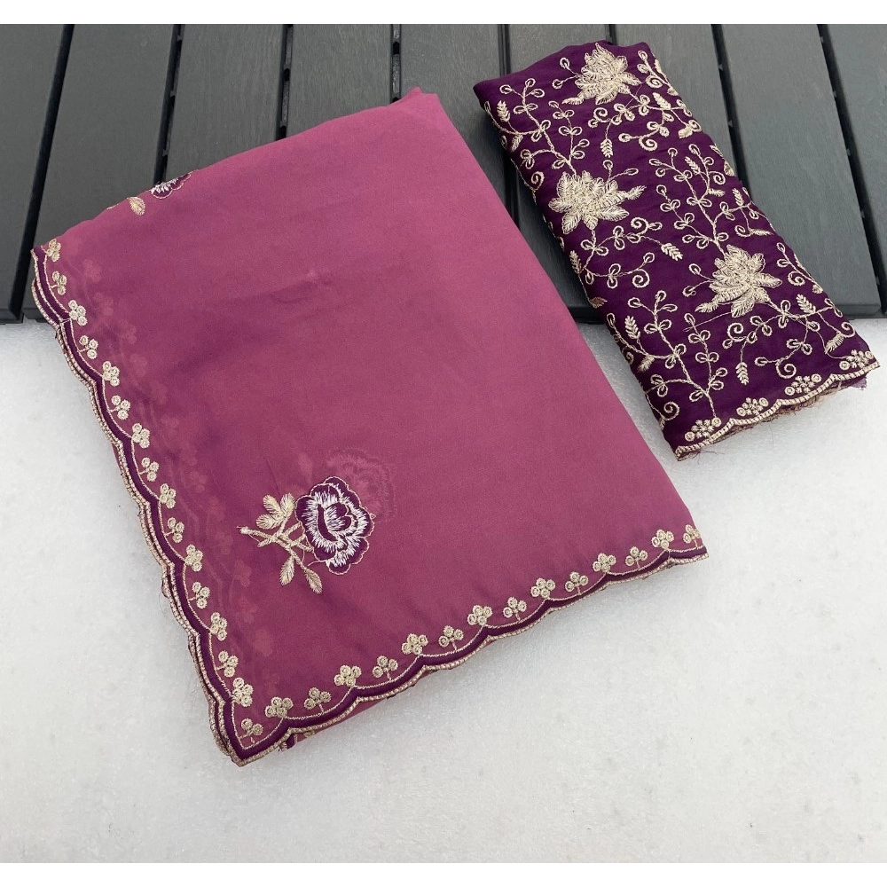 Generic Women's Star Georgette Embroidered Saree With Unstitched Blouse 5.5Mtr (Pink)