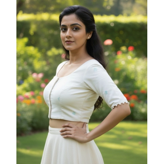 Generic Women's Cambric Cotton Round Neck Padded Blouse (White, 38 Ready Size (Self-Alterable 36–40)