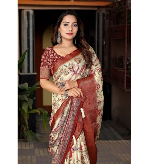 Generic Women's Cotton Silk Floral Printed Saree With Unstitched Blouse 5.5Mtr (Gold-Brown)