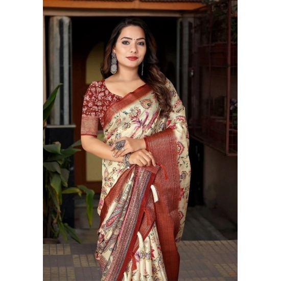 Generic Women's Cotton Silk Floral Printed Saree With Unstitched Blouse 5.5Mtr (Gold-Brown)