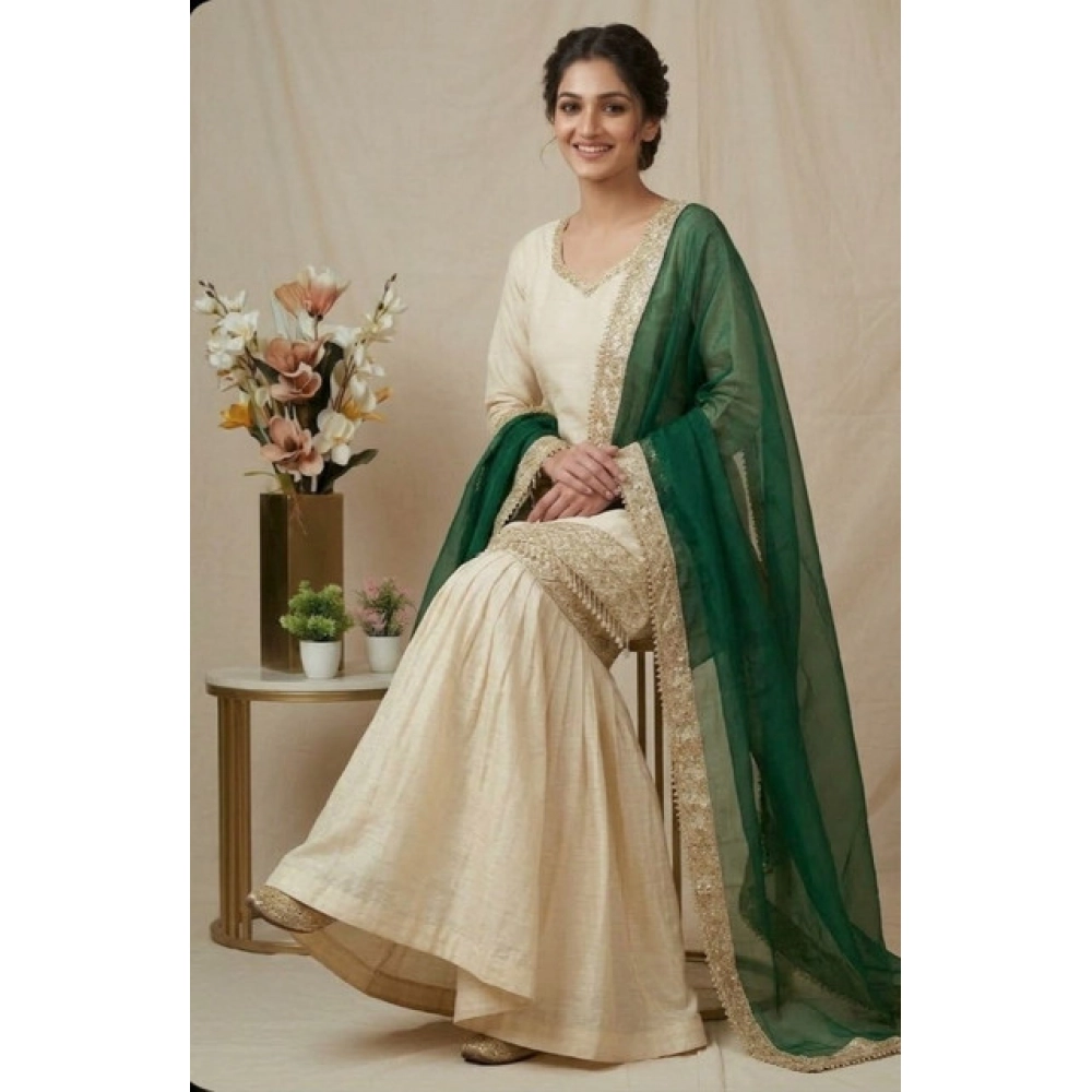 Generic Women's Silk Embroidered 3/4th Sleeve V-Neck Kurti With Sharara Pant and Dupatta Set (Cream & Bottle Green) Generic Women's Silk Embroidered 3/4th Sleeve V-Neck Kurti With Sharara Pant and Dupatta Set (Cream & Bottle Green)