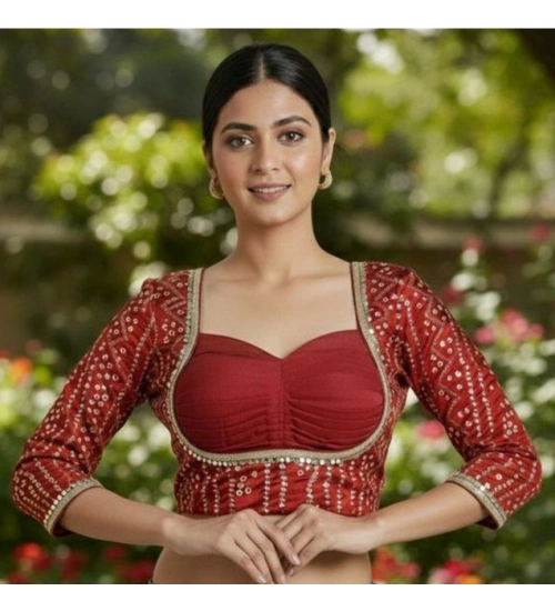 Generic Women's Rayon Sabyasachi Style Round Neck Padded Blouse (Maroon, 38 Ready Size (Self-Alterable 36–40)