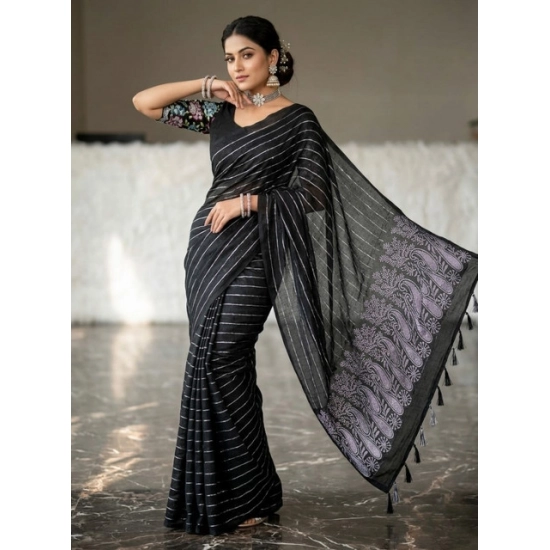 Generic Women's Georgette Striped Saree With Unstitched Blouse 5.5Mtr (Black)