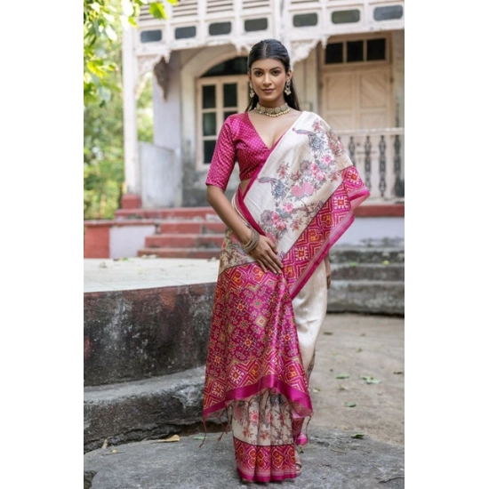 Generic Women's Faux_Tussar Floral Jal With Patola Print Saree With Unstitched Blouse 5.5Mtr (Pink) Generic Women's Faux_Tussar Floral Jal With Patola Print Saree With Unstitched Blouse 5.5Mtr (Pink)