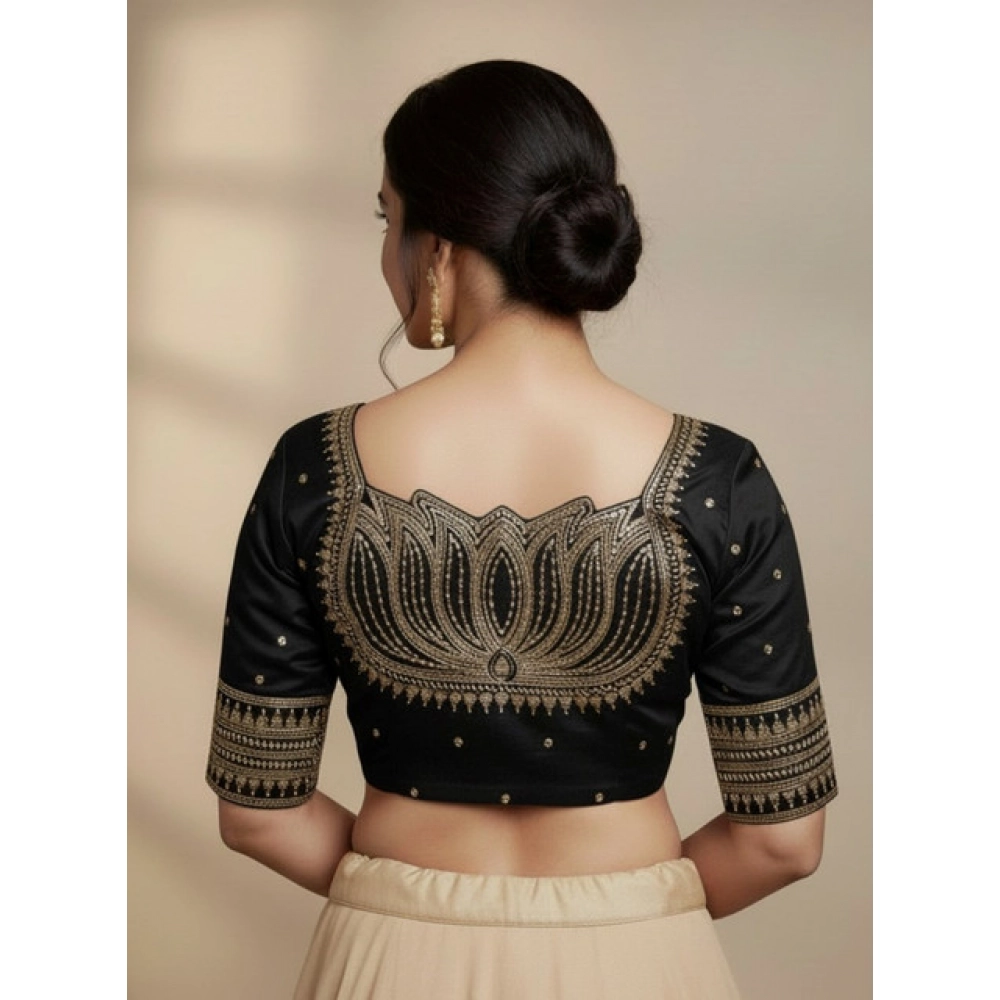 Generic Women's Vichitra Silk V Neck Padded Blouse (Black, 38 Ready Size (Self-Alterable 36–40)