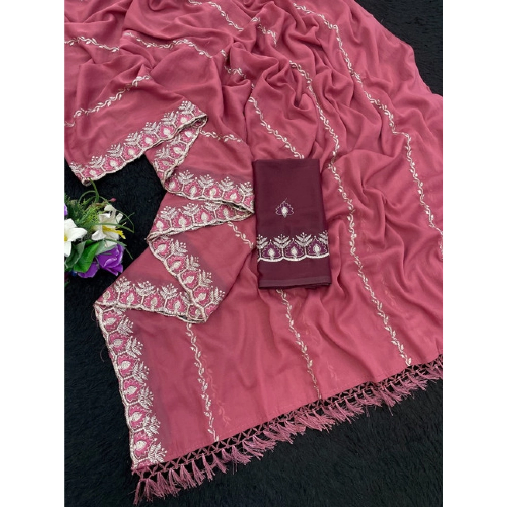 Women's Georgette Embroidered Saree With Unstitched Blouse 5.5Mtr (Red)