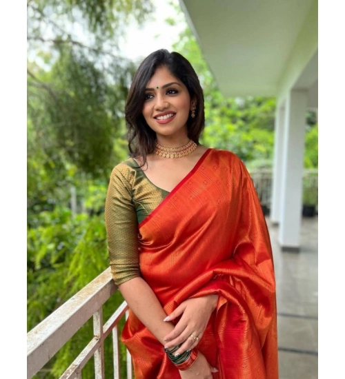 Generic Women's Litchi silk Printed Saree With Unstitched Blouse (Red)