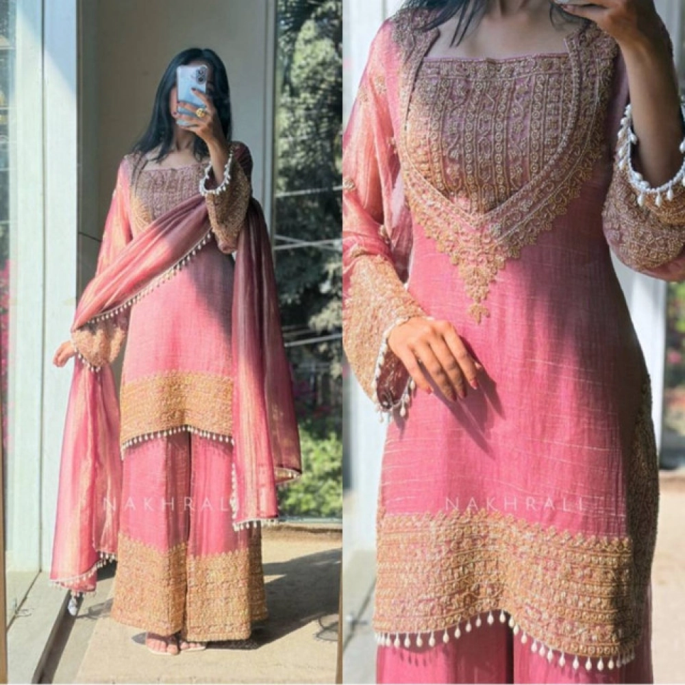 Generic Women's Silk Embroidered 3/4th Sleeve Round Kurti With Sharara Pant and Dupatta Set (Pink) Generic Women's Silk Embroidered 3/4th Sleeve Round Kurti With Sharara Pant and Dupatta Set (Pink)